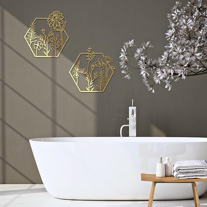 Peryiter 3 Pcs Metal Flower Wall Decor Minimalist Floral Wall Hanging Decor Metal Flower Rustic Floral Art for Spring Living Room Bathroom Kitchen Indoor Outdoor(Gold)