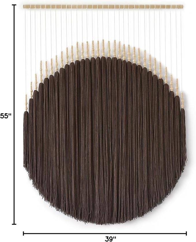 IOWER Macrame Wall Hanging Brown Yarn Beaded Backdrop Boho Wall Decor Round Tassel Home Wall Aesthetic Living Rooms Bedrooms Offices Geometric Art Chic Home Decor 39" W x 55" L