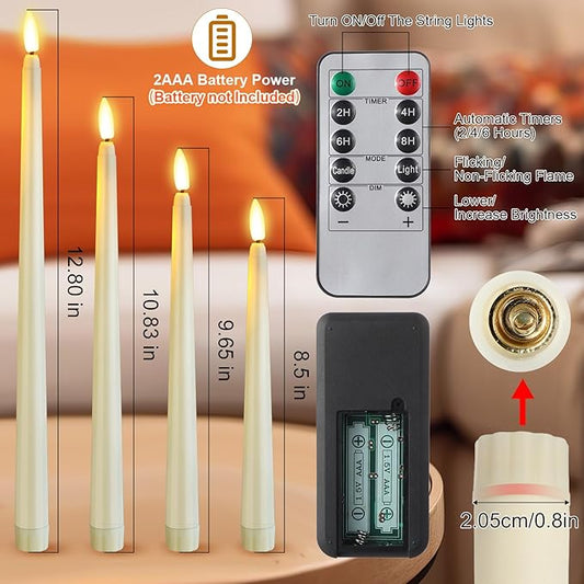 Rossesay 28 Pcs Flameless Taper Candles with Timer Remote 4 Sizes of 8.5", 9.6", 10.83", 12.8" LED Flickering Taper Candles Battery Operated for Valentine's Day Church Wedding Home Decor(Warm White)