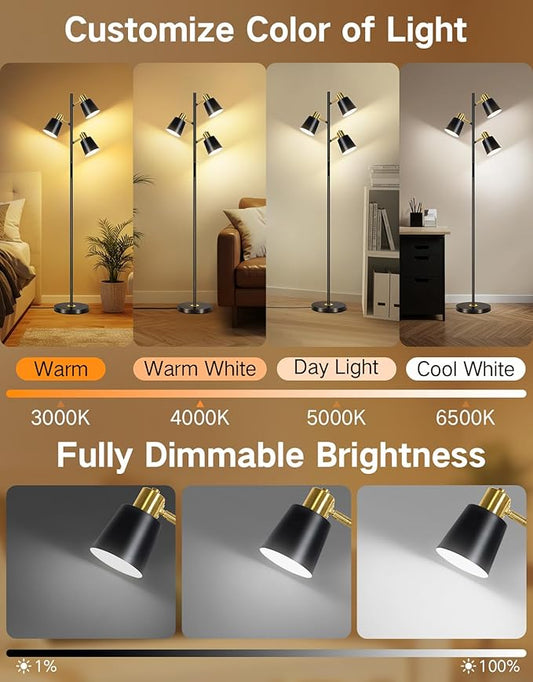 OUTON Tree Floor Lamp, LED Dimmable Floor Lamp with Remote And Touch Slide Control, 4 Color Temperatures, 3 Rotatable Lights, Modern Standing Lamp for Living Room Bedroom Office, Bulbs Included, Black