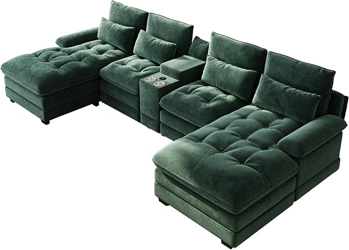 134"U Shaped Sectional Couches for Living Room,Oversized Modular Sectional Fluffy Couch with Chaise Lounge & Tufted Buttons,Modern Chenille 6 Seat Living Room Sofa Set with Storage Console,Green