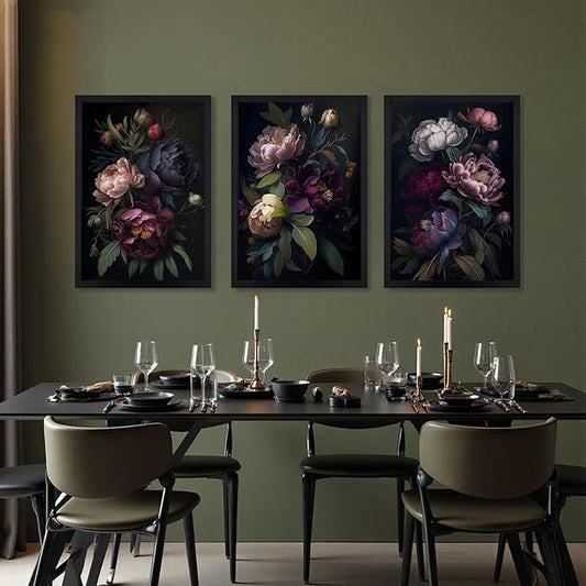 ICHZUMW Moody Peony Floral Canvas Wall Art Set of 3, Black Wood Framed Dark Academia Gothic Botanical Wall Decor, Ready to Hang Fade‑Resistant Flower Pictures for Bedroom Living Room Bathroom, 16×24in