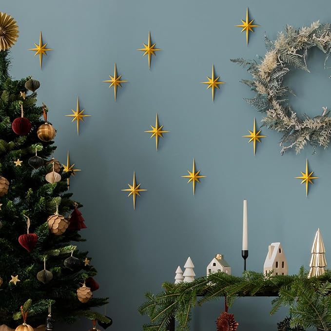 MidModArt 16PCS Mid Century Modern 3D Star Wall Art Gold Retro Starburst Sculptures Vintage Celestial Home Decor, Gold Starburst-Combo