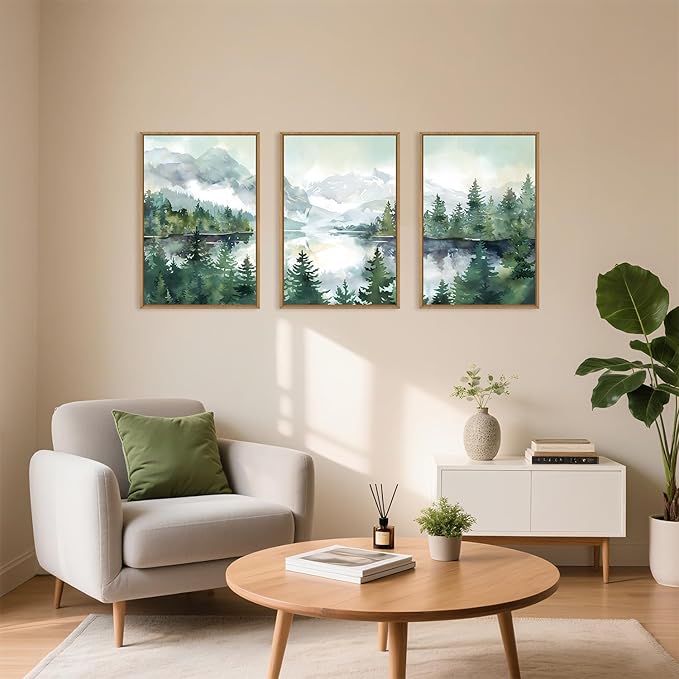 Watercolor Mountain Framed Canvas Wall Art Set, Boho Forest Wall Decor, Nature Green Pines Wall Painting, Forest Wilderness Artwork for Living Room, Bedroom, Dining Room, Office-16 x24 x3