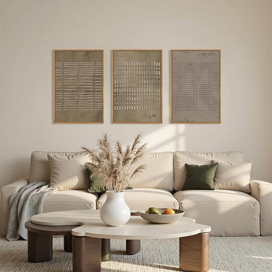 Aryroi Large Abstract Brown Beige Framed Canvas Wall Art,Modern Lines Dots Wall Decor,Boho Neutral Minimalist Artwork,Mid Century Geometric Art Print for Living Room,Bedroom,Office- 16"x24"x3