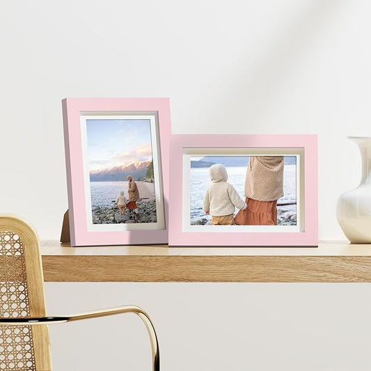 Vittanly 5x7 Picture Frames Set of 9, Display 4x6 Pictures with Mat or 5x7 without Mat, Photo Frames for Wall or Tabletop with Plexiglass, Engineered Wood, Pink