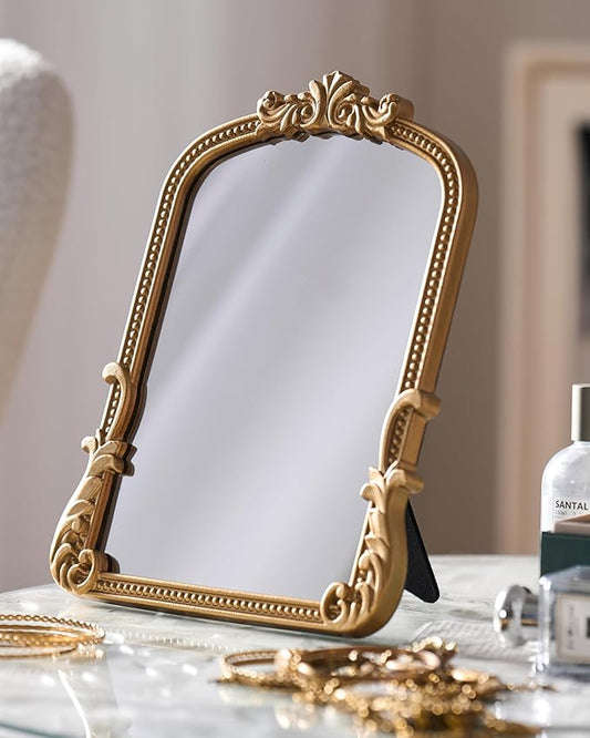 Vintage Vanity Small Mirror with Stand,Gold Decorative Mirrors for Wall,Antique Desk Eclectic Home Dresser Decor Small Mirror,Bathroom, Bedroom, Makeup Desk, Wall Entry,11.6" L x 9.0" W Gold