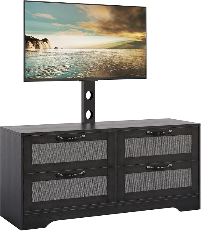 GarveeHome 4 Drawer Dresser TV Stand with Mount, XXX Inch Rattan Entertainment Center for TVs Up to 70 Inch, Farmhouse Wooden Media Console for Living Room, Bedroom, Black