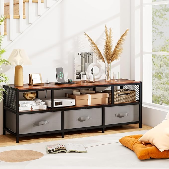 Giantex Dresser TV Stand for 65 Inch TV, Modern Entertainment Center w/Power Outlets, Open Shelf & Fabric Drawers, Television Stands, TV Console Table for Living Room Bedroom (Rustic Brown+Black)