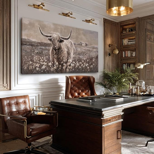 Beige and Brown Highland Cow Canvas Wall Art - 24x48 Inch Framed Large Painting for Rustic Farmhouse Living Room, Vintage Bedroom, Office Decor, Cow Lover Gift