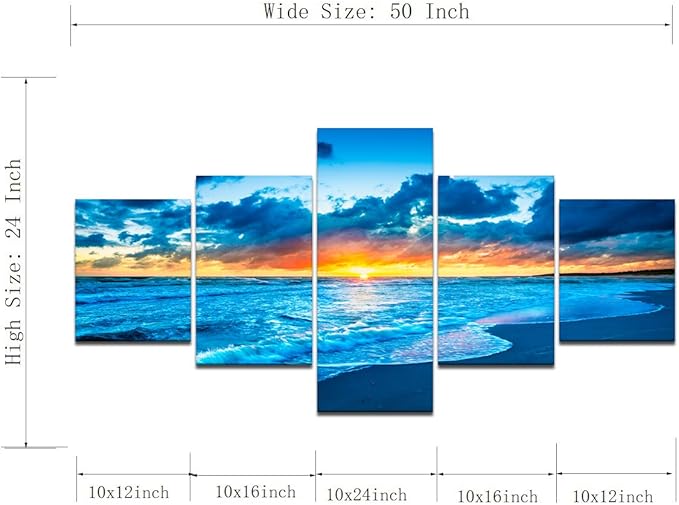 Yatsen Bridge Blue Beach Ocean Sunrise Modern Landscape Seascape Painting on Canvas 5 Piece Pictures Wall Art for Living Room Home Decor Wooden Framed Stretched Ready to Hang (50''W x 24''H)