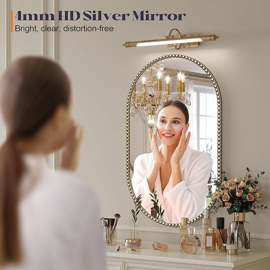 Gold Oval Mirror for Bathroom, 20"x33" Beaded Antique Brass Mirror for Wall Decorated, Champagne Bronze Vintage Vanity Mirrors for Bedroom Living Room Hallway Fireplace