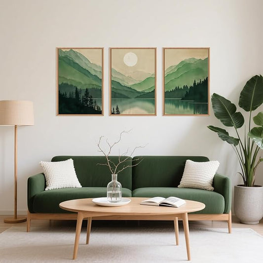 Watercolor Mountains Framed Canvas Wall Art, Boho Sun Forests Wall Decor, Green Scenery Wall Painting, Modern Woodland Artworks for Living Room, Bedroom, Dining Room, Office - 24"x36"x3