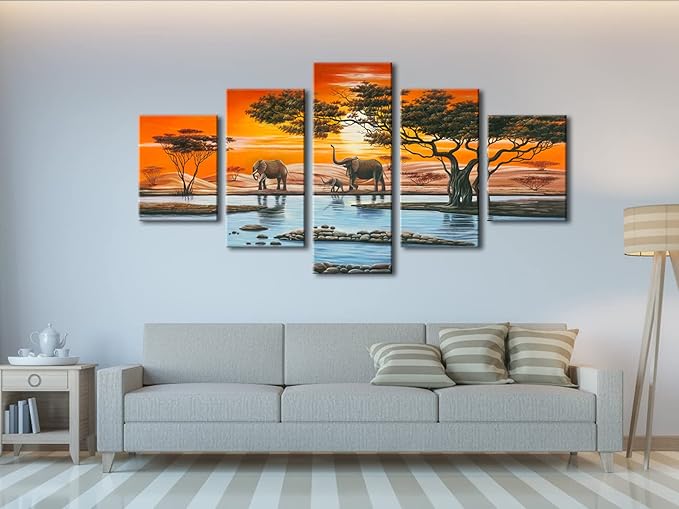 Wieco Art Elephant Family Large Modern 5 Piece Gallery Wrapped African Landscape Giclee Canvas Prints Artwork Animals Paintings Reproduction Pictures on Canvas Wall Art for Bedroom Home Decor L