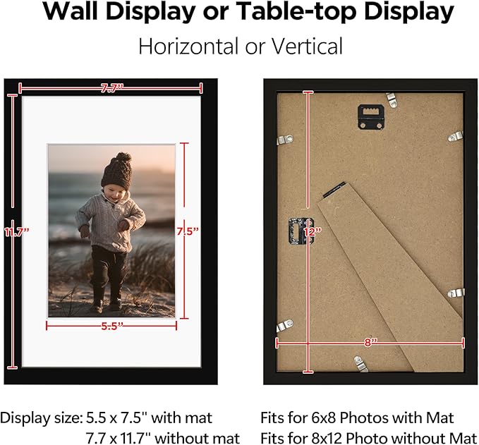 KINLINK 8x12 Picture Frame Black, Solid Wood Frames with Acrylic Plexiglass for Pictures 6x8 with Mat or 8x12 without Mat, Tabletop and Wall Display Photo Frame, Set of 4