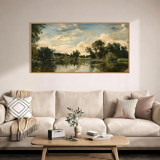 Aryroi Vintage Landscape Framed Canvas Wall Art Set,Rustic Natural Green Trees and Lake Wall Decor,Classic Nature Scenic French Country Forest Artwork for Living Room,Bedroom,Farmhouse-40 x20 x1
