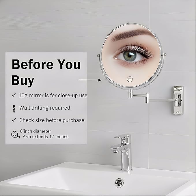 8" Extendable Bathroom Mirror Wall Mount with 1X/10X Magnification, 360° Swivel Double Sided Vanity & Shaving Mirror, Nickel Finish (No Light)