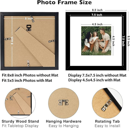 JCJMY 10 Packs 8x8 Picture Frames, Display 5x5 with Mat or 8x8 without Mat, Square 8 by 8 Frames Bulk Set of 10 Collage Wall Decor Photo Frames Set for Wall and Tabletop, Black