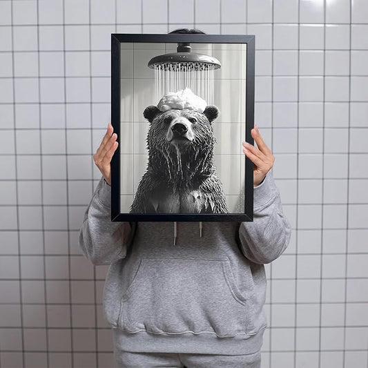 XYHYRA Funny Bear Bathroom Wall Art, Black and White Animal Shower Canvas Print Picture, Cute Bear Taking Bath Poster, Modern Farmhouse Bathroom Restroom Home Wall Decor 16x24 inch Wood Framed