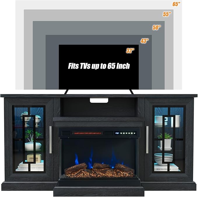 59 Inch LED TV Stand with 3-Side Glass Fireplace, Modern Media Entertainment Center Console Table for TVs up to 65 Inch with Adjustable Flame & LED Color, 24’’ Fireplace, Highboy, Black