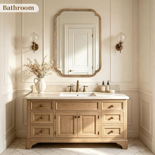 HOMECOOKIN Wood Bathroom Mirror for Wall Decor Arched Rounded Corner Rustic Wood Frame Wall Mirror Home Decorative for Vanity, Living Room, Bedroom, Entryway (24 x 36 inch, Honey A)