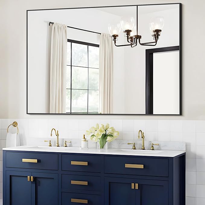 COFENY Black Bathroom Mirror, 48"X36" Rectangle Mirrors for Wall Metal Frame, Modern Vanity Wall Mirror for Bathroom Living Room, Entryway Hangs Horizontal or Vertical
