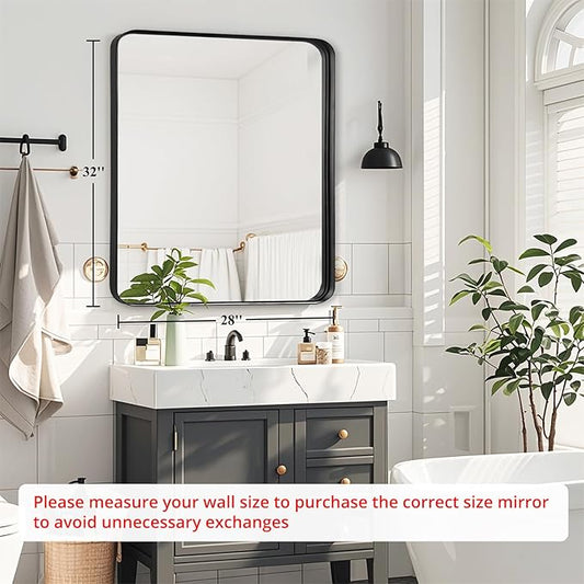 Fabuday Black Bathroom Vanity Mirror - 28x32 Inch Wall Mounted Mirror for Over Sink, Matte Metal Framed Mirrors, Rounded Rectangle Design, Horizontal or Vertical Hanging