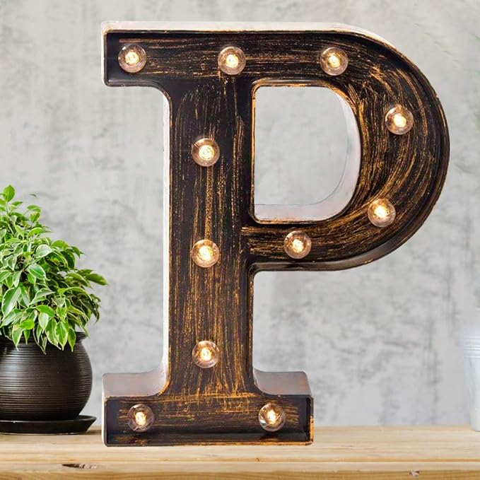 Pooqla Vintage Light Up Marquee Letters with Lights – Illuminated Industrial Style Lighted Alphabet Letter Signs - Coffee Bar Apartment Bedroom Wall Home Initials Decor A-Z