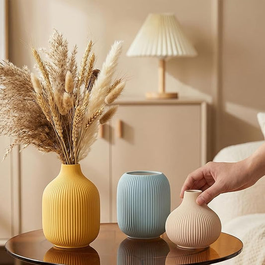 Colorful Small Ceramic Vases Set of 3, Matte Vertical Ribbed, Minimalist for Pampas Dried & Fresh Flowers, Centerpiece for Living Room,Shelf, Wedding (Light Blue, Mustard Yellow, Beige)