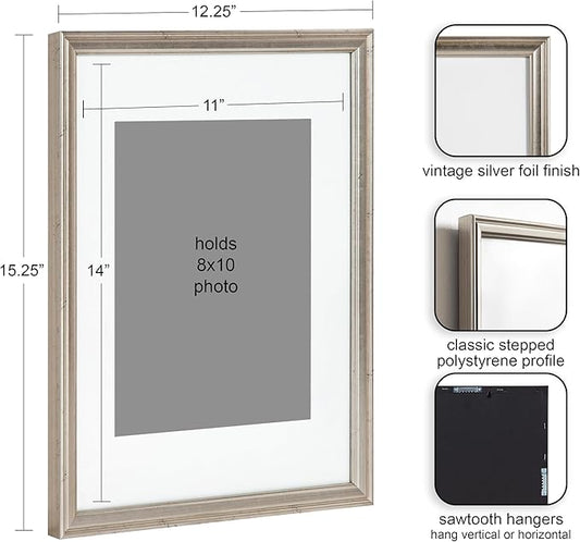 Kate and Laurel Adlynn Rectangle Picture Frame Set of 4; 11 x 14 matted to 8 x 10; Silver; Glam Four-Piece Frame Set for Gallery Wall Frame Set in Living Room Wall Decor