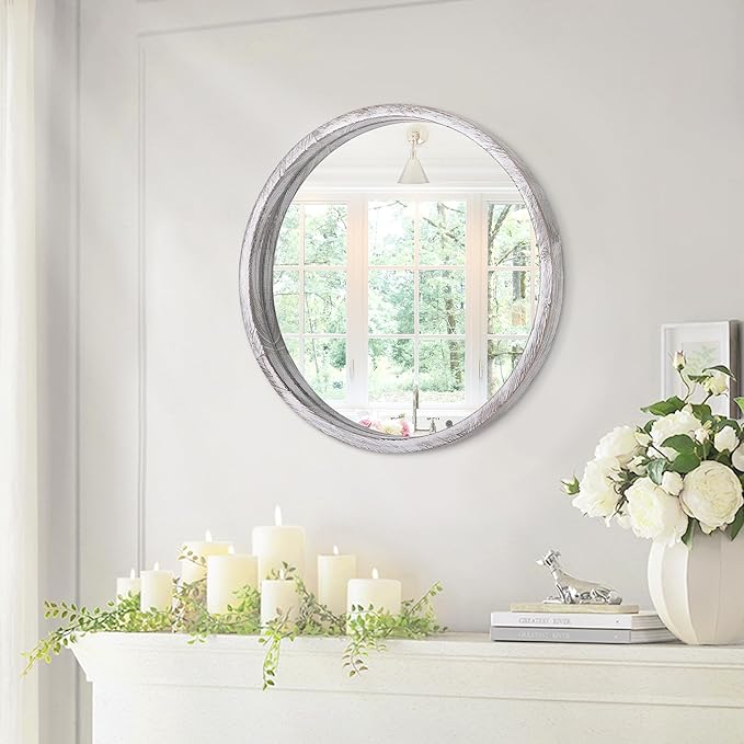 JJUUYOU Circle Wall Mirror 16 Inch Round Wall Mirror for Bathroom, Rustic White Farmhouse Mirror Washroom Wall Mounted Wood Frame Mirror for Living Room, Bedroom, Dorm