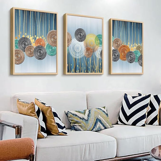 Natural Wood Framed Art Set - Boho & Abstract Styles, Perfect for Living Room, Bedroom, Office - 3 Large Size Prints