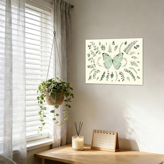 LB Sage Green Butterfly Wall Art Watercolor Eucalyptus Leaves Botanical Canvas Wall Art Green Plant Leaf Wall Decor for Living Room Bedroom Bathroom Framed Ready to Hang 12L x 16W Inch