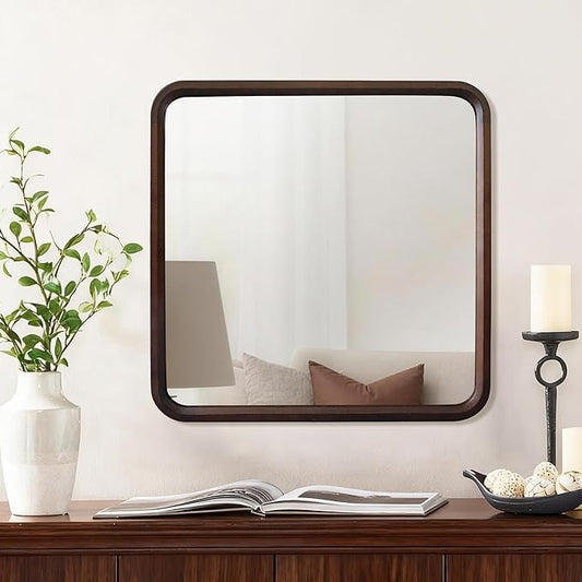 Wood Bathroom Mirror for Wall,Rectangle 30 x 30 inch Hanging Vanity Brown Tempered Mirrors with Rounded Corner for Living Room,Bedroom,Entryway