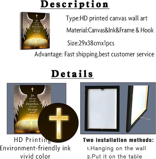 Psalms 91:4 Wall Art Canvas Prints, He Will Cover You With His Feathers,Bible Verse with Christian Sayings Decor, suitable for offices,Church, Home Wall Decor ,Tabletop/Hanging(29x38cm) framed