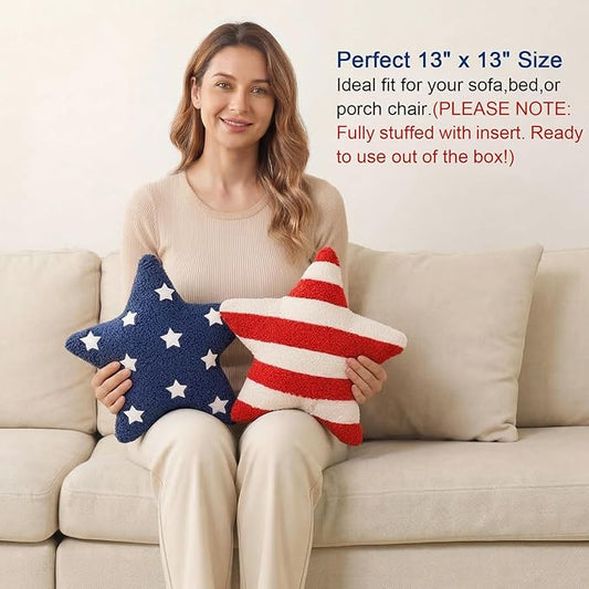 2 Pcs 4th of July Decorations 13x13" Star Throw Pillows, Rustic Patriotic Red White Blue Teddy Fleece Pillows with Star Embroidery & Flag Stripes, Americana Farmhouse Decor for July 4th Memorial Day