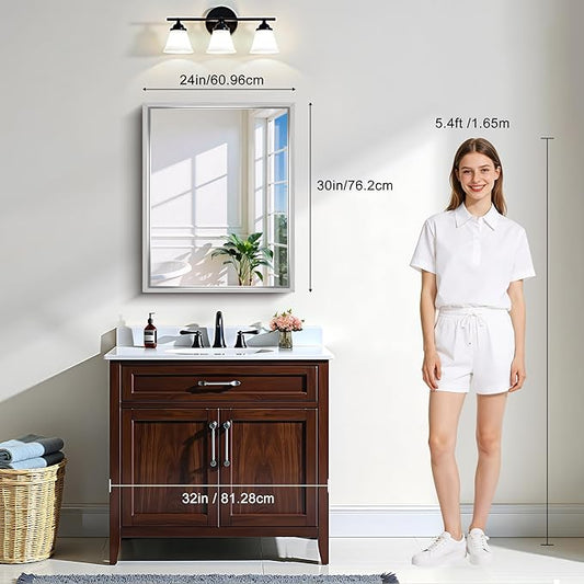 CIRCUMI 24"x30" Brushed Silver Mirror with Chunky Box Metal Frame, Bathroom Mirror for Vanity Remodel & New Home, Living Room, Entryway, Rectangular Wall Mirror, Tempered Glass, Vertical or Horizontal