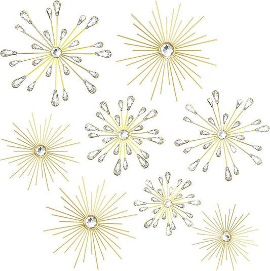 Blulu 8 Pcs Gold Metal Wall Art Cast Iron Starburst Wall Decor Bling Crystal Sculptures Living Room 3D Teardrop Radial Rhinestone Hanging Diamond Accents for Home Office Bedroom Entryway