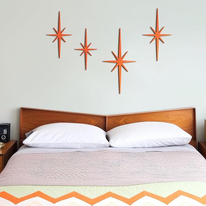 Blulu 4 Pcs Cast Iron Starburst Shaped Wall Decor Metal Mid Century Modern Decor Retro Atomic Stars Wall Art Elegance Accents Vintage Celestial Whimsigoth Hangings for Home Office Room(Orange)