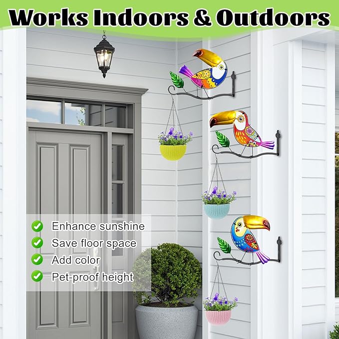 3PCS Metal Owl Wall Art Decor Hooks, 3D Colorful Stained Glass Hanger for Flower Baskets Wind Chimes Lanterns, Indoor & Outdoor wall Decor for Garden Porch Living Room Balcony(Toucan)