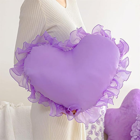 MOJUN Heart Pillow, Soft Heart Shaped Pillow with Ruffles Decorative Throw Pillows for Sofa Bed Chair Cute Room Decor Heart Shaped Throw Pillow Cushion for Floor Living Room Bedroom, Purple