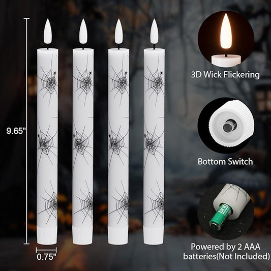 Halloween Flameless Taper Candles Battery Operated with Remote and Timer, Real Wax 3D Wick Flickering LED Taper Candle Spider Web Decals Dinner Table Halloween Decor(4 Pack, 0.78”D x 9.64”H)