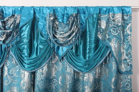 GLORY RUGS Jacquard Luxury Window 2 Panel Set Turquoise Curtain with Attached Valance and Backing Bedroom Living Room Dining 2 Curtains 55x84 inches Each Jana