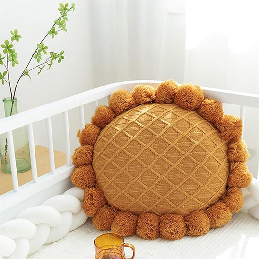 Acrylic Knitted Round Throw Pillow Knitting Bohemian Circular Cushion Pillow with Knit Handmade Pompoms Decorative Warm Orange, Diameter 18inches