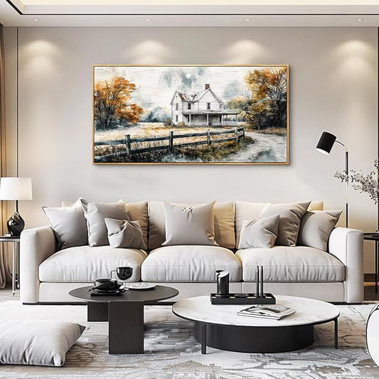 QIYILEXWART Wood Framed Canvas Wall Art For Living Room Wall Decor For Bedroom Office Wall Decoration White Hut Painting Farmhouse Watercolour Pictures Artworks Room Home Decor Ready To Hang