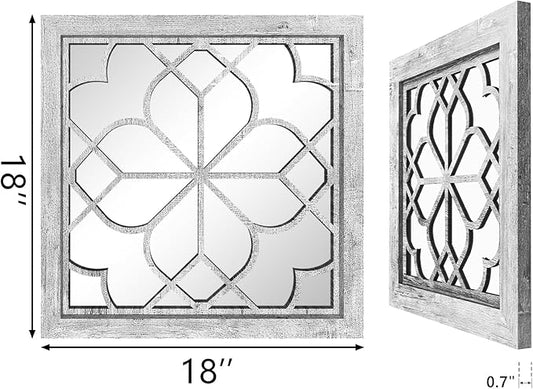 Set of 2 18 Inch Large Square Grey Window Pane Wall Mirrors, Shatterproof Rustic Farmhouse Boho Vintage Accent Mirrors for Living Room, Bedroom, Bathroom, Entryway & Home Decor