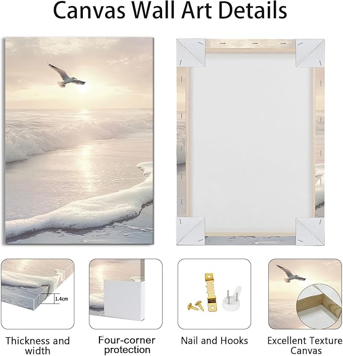 3 Pcs Beach Seaside Wall Art for Bedroom, Modern Beige Reeds Botanical Wall Picture Aesthetic Nature Coastal Sunset Landscape Wall Painting Poster Art Prints for Bedroom Office Home Decor 16"x24"x3Pcs