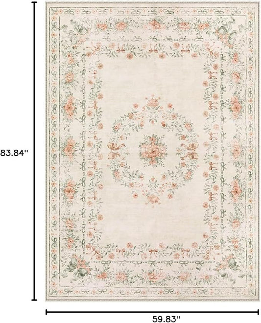 Wonnitar Floral Bow Washable Area Rug 5x7, Ultra-Thin Beige Rugs for Bedroom, Boho Non Shedding Neutral Soft Carpet for Nursey Kids Room Dorm Living Room, Beige