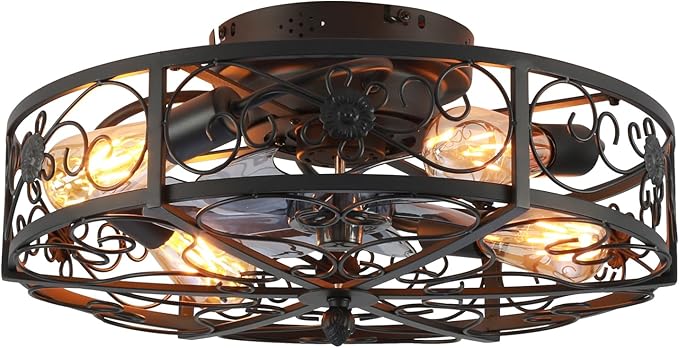 20'' Caged Ceiling Fan with Lights and Remote Control,Small Farmhouse Bladeless Low Profile Ceiling Fans Lights,Industrial Flush Mount Low Profile,Reversible Motor 6 Speeds for Bedroom,Living Room