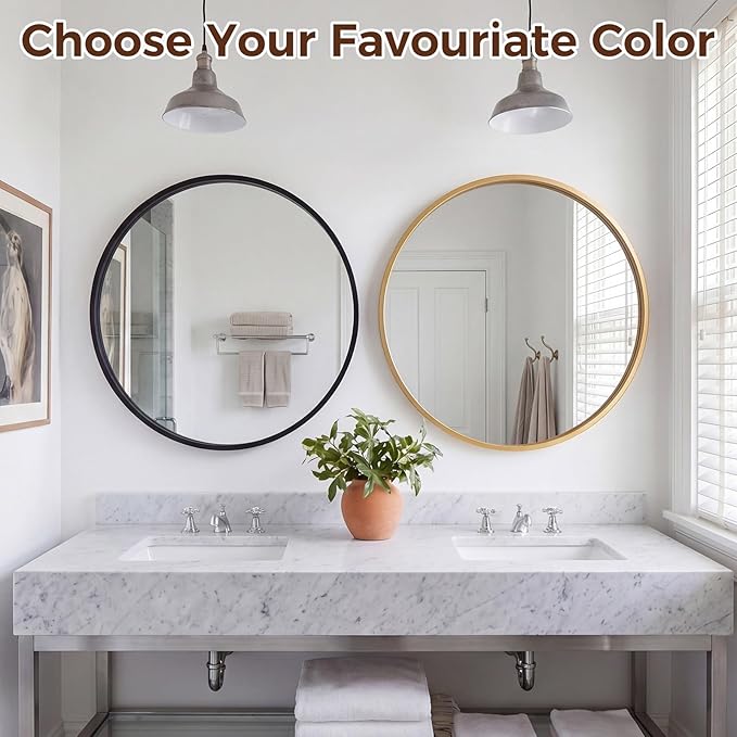 NEWBULIG 30 Inch Round Wall Mirror, Bathroom Mirror for Over Sink, Matte Metal Framed Circle Vanity Mirror, Wall Decor for Bedroom, Anti-Rust, Tempered Glass, Hanging or Leaning, Classic Black